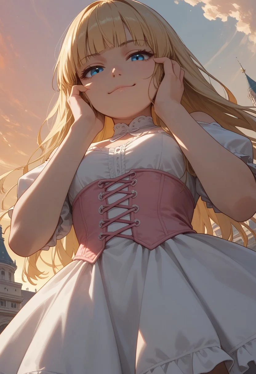 (score_9, score_8_up, score_7_up), 1girl, solo,( blonde hair), blue eyes, long hair, hime cut, long bangs, small breasts, pink corset, frills, white dress, sunrise,
( face focus, from below, close-up:1.4), rooftops, mansion, city,
fisheye, (relaxed, dutch angle:1.2),
(smug:1.2), hands on face,