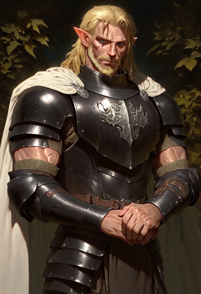masterpiece, best quality, newest, absurdres, highres, DFAV1.5, 
1boy, manly, elf, beard, muscular male, blonde, blonde hair, pointy ears, scar, scar on face, armor, cape, chestplate, chest armor, black armor, black leather, white cape,
