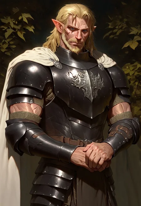 masterpiece, best quality, newest, absurdres, highres, DFAV1.5, 
1boy, manly, elf, beard, muscular male, blonde, blonde hair, pointy ears, scar, scar on face, armor, cape, chestplate, chest armor, black armor, black leather, white cape,
