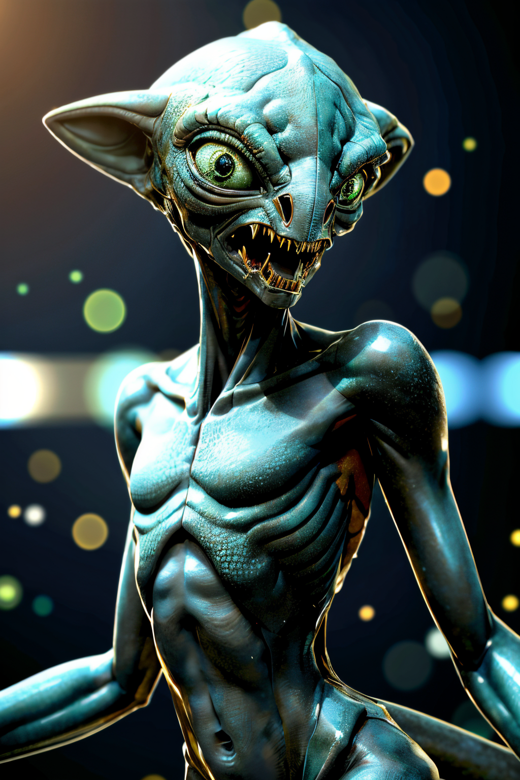 (Realistic:1.5) full body shot, tail gradient background cropped torso lens flare arms at sides teeth science fiction green eyes horror (theme)  <lora:EdobAlienSpecies_v1.0:0.8>