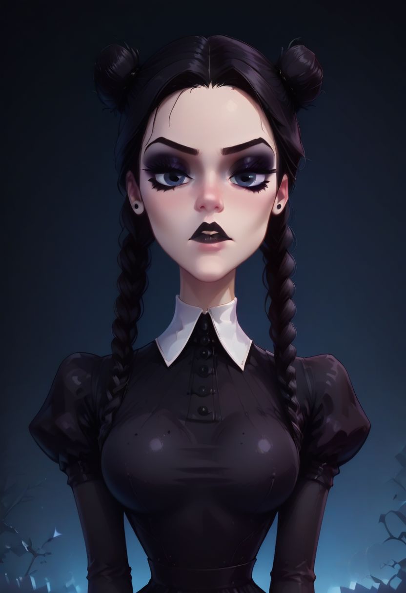 score_9, score_8_up, score_8, score_7_up, score_7, rate_safe, 
(best quality:1.1), (masterpiece:1.2), (realistic:1.2), (detailed:1.1), (highres, best quality:1.2), 
1girl, Wednesday (Wednesday addams(/The addams family)/,(ultra HD quality details), hair in two ponytails, black hair, raven black eyes, beautiful face, pale skin,
beautiful face, 
gothic, black lips, emo, black nails,
collared dress, black dress, covered shoulders, covered chest, covered neck, puffy sleeves, white collar, white cuffs,
Slim girl, large breasts, skinny, tiny,  petite, small arms, (20 years old)), 
background (dungeon), Dark atmosphere, 
 upper body, pov,aunt lydia
