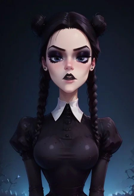 score_9, score_8_up, score_8, score_7_up, score_7, rate_safe,
(best quality:1.1), (masterpiece:1.2), (realistic:1.2), (detailed:1.1), (highres, best quality:1.2),
1girl, Wednesday (Wednesday addams(/The addams family)/,(ultra HD quality details), hair in two ponytails, black hair, raven black eyes, beautiful face, pale skin,
beautiful face,
gothic, black lips, emo, black nails,
collared dress, black dress, covered shoulders, covered chest, covered neck, puffy sleeves, white collar, white cuffs,
Slim girl, large breasts, skinny, tiny, petite, small arms, (20 years old)),
background (dungeon), Dark atmosphere,
upper body, pov,aunt lydia