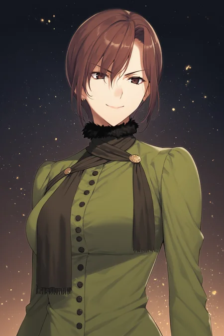 score_9, score_8_up, score_7_up, score_6_up, score_5_up, source_anime, rating_safe, medium breasts, outdoors, dark background, light particles, 1girl, solo, <lora:age_slider_v4:3>, aozaki touko, brown hair, short hair, brown eyes, dress, long sleeves, green dress, scarf, front_slit, fishnets, fishnet pantyhose, highheels, <lora:Touko_Aozaki:0.8>, (upper body:1.1), (glaring:1.5), (smile:1.2), (half closed eyes:1.3), closed mouth, open hand, clenched hand