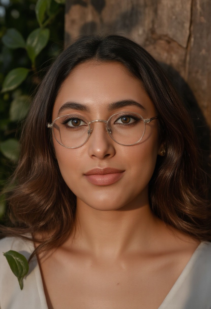 A hyper-realistic portrait. cinematic upper body photo, Dramatic Shadow with a Bold Look, A brunette woman, her hair neatly styled with subtle highlights that catch the light softly, beam of light on her, She wears round, silver-framed glasses perched elegantly on the bridge of her nose, excellent dynamic range, makeup, natural youthful glow. White modern clothes, straight white hair cascading down her shoulders, Her eyes are almond-shaped and striking blue ,accentuated by thick ,eyeliner. Her eyebrows are well-groomed,framing her eyes. arctic circle snow drift, snowing, snowflakes, cold, chill bumps, approaching perfection, dynamic, highly detailed, smooth, sharp focus, intricate details, shallow depth of field, vignette, high budget, bokeh, cinemascope, moody, epic, gorgeous, film grain, grainy,(skin texture:1.4) 
adorned with cascading vines and blooming flowers, Extreme emphasize on photorealistic, realistic detail, realistic reflection detail and realistic background detail. surrounded by lush greenery or a garden bathed in soft, golden sunlight filtering through leaves. The atmosphere is one of tranquility and happiness, enhanced by the subtle interplay of light and shadow across the scene