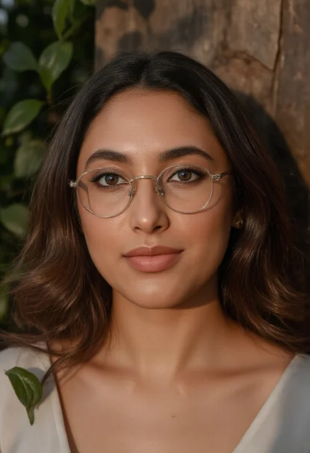 A hyper-realistic portrait. cinematic upper body photo, Dramatic Shadow with a Bold Look, A brunette woman, her hair neatly styled with subtle highlights that catch the light softly, beam of light on her, She wears round, silver-framed glasses perched elegantly on the bridge of her nose, excellent dynamic range, makeup, natural youthful glow. White modern clothes, straight white hair cascading down her shoulders, Her eyes are almond-shaped and striking blue ,accentuated by thick ,eyeliner. Her eyebrows are well-groomed,framing her eyes. arctic circle snow drift, snowing, snowflakes, cold, chill bumps, approaching perfection, dynamic, highly detailed, smooth, sharp focus, intricate details, shallow depth of field, vignette, high budget, bokeh, cinemascope, moody, epic, gorgeous, film grain, grainy,(skin texture:1.4)
adorned with cascading vines and blooming flowers, Extreme emphasize on photorealistic, realistic detail, realistic reflection detail and realistic background detail. surrounded by lush greenery or a garden bathed in soft, golden sunlight filtering through leaves. The atmosphere is one of tranquility and happiness, enhanced by the subtle interplay of light and shadow across the scene