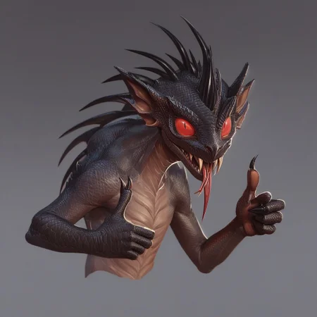 Score_7_up, score_8_up, upper body,
BREAK,
(Chupacabra:1.15), smile, large fangs, spines on back, (reptilian), scales, forked tongue, big red eyes, narrow pupils, looking at viewer, claws, (thumbs up), simple background,