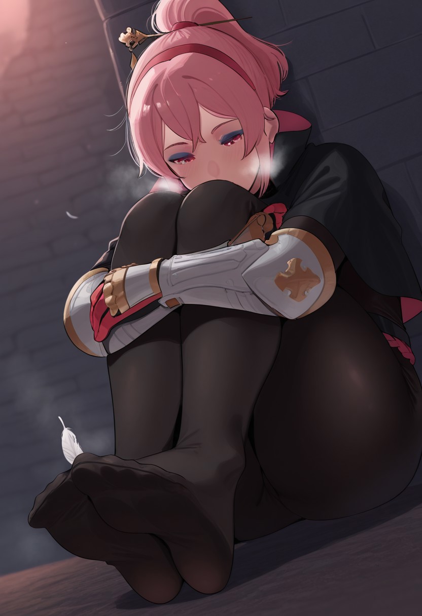 okpriko,  outdoors, undershirt, falling feathers, black bodysuit, hair stick, hugging own legs, , gauntlets,   eyeshadow,   red gloves,  high ponytail,  , black capelet, red hairband, pink eyes, 1girl, solo, feet, visible breath,   dynamic angle, foreshortening, smell, steam,