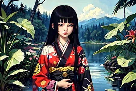 enma ai, hair down, hair black, bangs, eyes red, masterpiece, best quality, ultra-detailed, illustration, 1girl, solo, highres, photorealistic, ultra high res, (Original illustration composition), (fusion of limited color,Maximalism artstyle, kimono fashion, double exposure, background, illustration, Amazing, lily spider