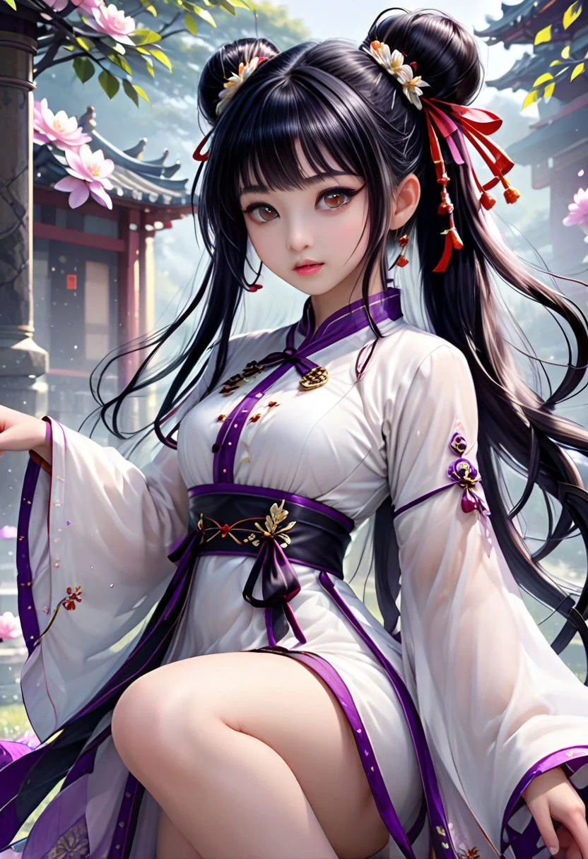 (masterpiece, best quality, ultra-detailed, best shadow), (detailed background,dark fantasy), (beautiful detailed face), high contrast, (best illumination, an extremely delicate and beautiful), ((cinematic light)), colorful, hyper detail, dramatic light, intricate details,fantasy, (1little cute girl, black ponytail hair,big orange eyes, big breasts, (translucent white hanfu:1.3), bareshoulders,navel,dynamic angle), depth of field,golden light particles,(broken purple glass),magic circle,multi-color eyes, hyper detailed, highly detailed, beautiful, small details, ultra detailed, best quality, 4k, (good anatomy)