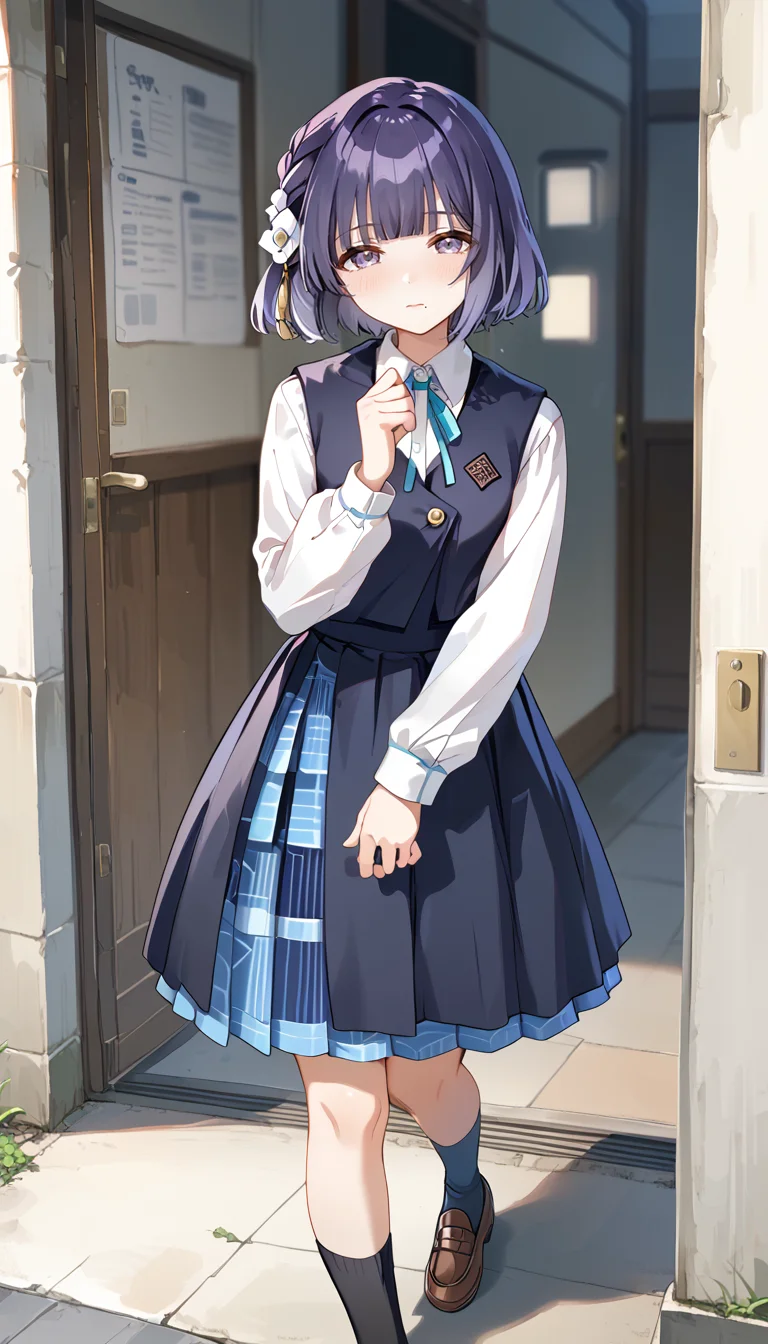 score_9,score_8_up,score_7_up,
official art,official style,game cg,megami magazine,
uncensored,
1girl,solo,
htymsz,hataya misuzu,hatsuboshi gakuen school uniform,
purple eyes,purple hair,short hair,violet eyes,white flower,braid,flower,hair flower,hair ornament,
collared shirt,dress shirt,aqua ribbon,black skirt,black socks,black vest,blue bow,
blue bowtie,blue eyes,blue ribbon,blue skirt,blue vest,blunt bangs,
long sleeves,mole,mole under mouth,neck ribbon,pleated skirt,
ribbon,school uniform,shirt,skirt,vest,white shirt,
standing,full body,
<lora:hataya_misuzu_gakuen_idolmaster_pony_v1:1>,