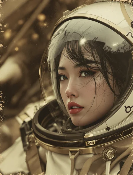 photographic poster art, extreme detail,  a beautiful oriental space explorer wearing an advanced spacesuit, loose disheveled hair, slightly parted lips, detailed fabric, [masterpiece], [best quality], chiascuro, showing image from the waist up, and closeup portrait, [best quality], chiascuro, abstract sepia-tinged background