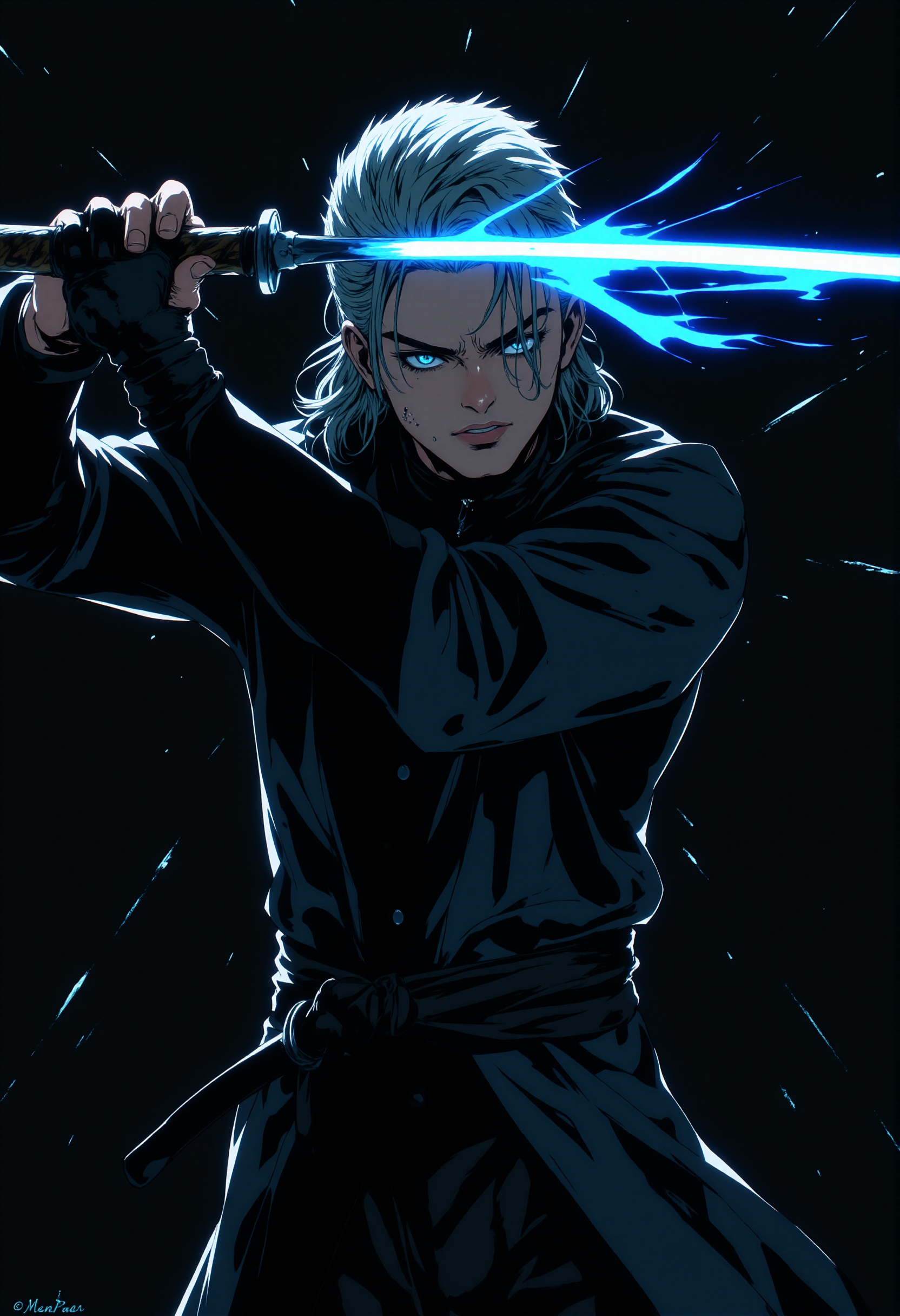 masterpiece, illustration,fantasy, best quality,concept art. A man with slicked-back gray hair holding a katana with one hand, a man wearing a long black coat. Close-up of a man attacking with a sword, cutting through the darkness. a masterpiece, a cinematic frame, a flash of blue energy in the form of linear rays, a minimalistic black background in the form of broken glass. cinematic lighting, a face illuminated by flashes of light, masculine facial features expressing strength and a sparkle in the eyes.Gloomy deep tones,style painting,  <lora:MJanime_Flux_LoRa:0.6>, Anime style, <lora:FluxMythP0rtr4itStyle:0.5>, mythp0rt, <lora:NeonFantasyFLUX:0.7> ,ne0nfant4sy, <lora:lora:0.8>, dmc5vergil, black coat, fingerless gloves, pants,