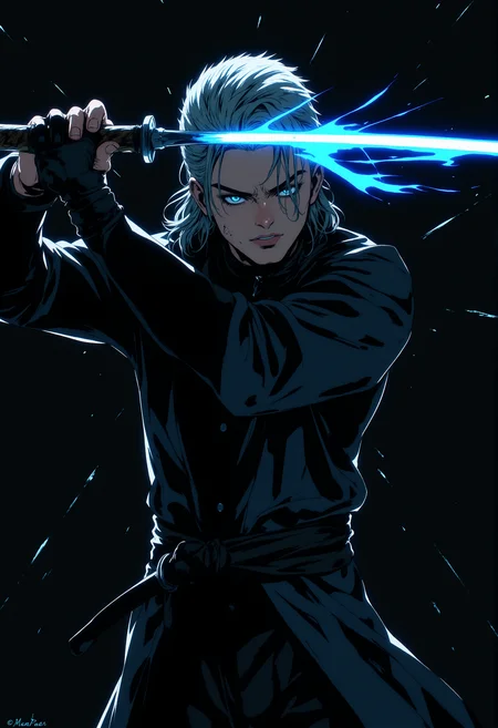 masterpiece, illustration,fantasy, best quality,concept art. A man with slicked-back gray hair holding a katana with one hand, a man wearing a long black coat. Close-up of a man attacking with a sword, cutting through the darkness. a masterpiece, a cinematic frame, a flash of blue energy in the form of linear rays, a minimalistic black background in the form of broken glass. cinematic lighting, a face illuminated by flashes of light, masculine facial features expressing strength and a sparkle in the eyes.Gloomy deep tones,style painting, <lora:MJanime_Flux_LoRa:0.6>, Anime style, <lora:FluxMythP0rtr4itStyle:0.5>, mythp0rt, <lora:NeonFantasyFLUX:0.7> ,ne0nfant4sy, <lora:lora:0.8>, dmc5vergil, black coat, fingerless gloves, pants,