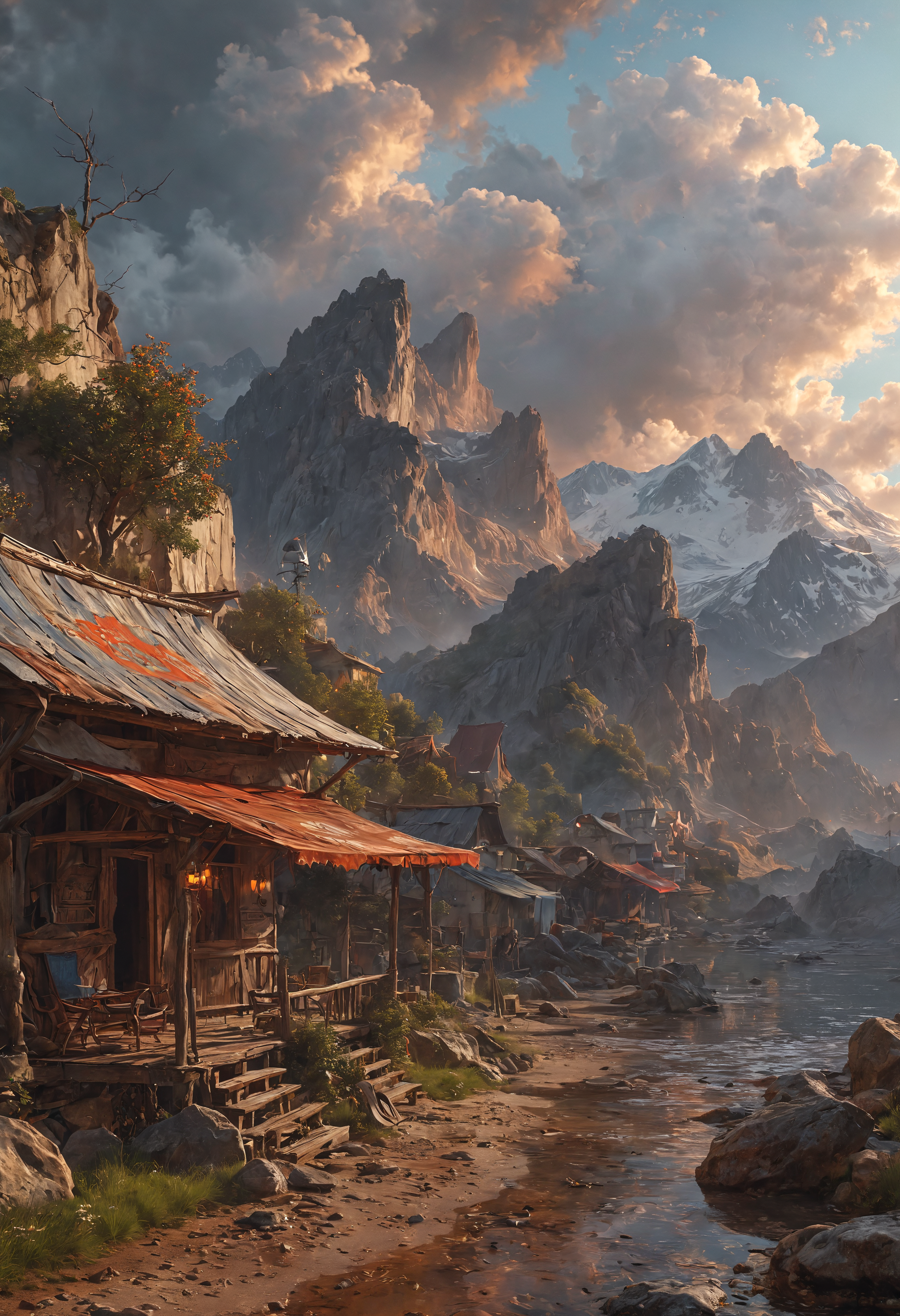 Apocalypse storm clouds at dawn neon signs mountains digital painting, artstation, concept art, soft light, hdri, smooth, sharp focus, illustration, fantasy, intricate, elegant, highly detailed, D&D, matte painting, in the style of Greg Rutkowski and Alphonse Mucha and artemisia, 8k, highly detailed, jurgens, rutkowski, bouguereau, pastoral, rustic, georgic <lora:MJ52:0.5> <lora:add-detail-xl:1>