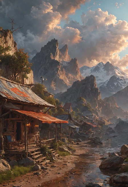 Apocalypse storm clouds at dawn neon signs mountains digital painting, artstation, concept art, soft light, hdri, smooth, sharp focus, illustration, fantasy, intricate, elegant, highly detailed, D&D, matte painting, in the style of Greg Rutkowski and Alphonse Mucha and artemisia, 8k, highly detailed, jurgens, rutkowski, bouguereau, pastoral, rustic, georgic <lora:MJ52:0.5> <lora:add-detail-xl:1>
