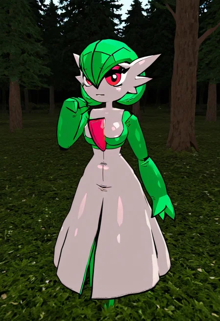 1girl, solo, vibapop style, lowpoly, retro, gardevoir, green hair, forest