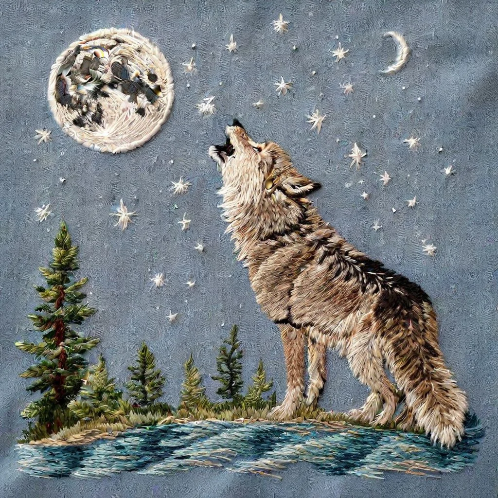 <lora:SDXL_embroidery_Sa_May_V8:1> embroidery, a baby wolf howling at the moon
