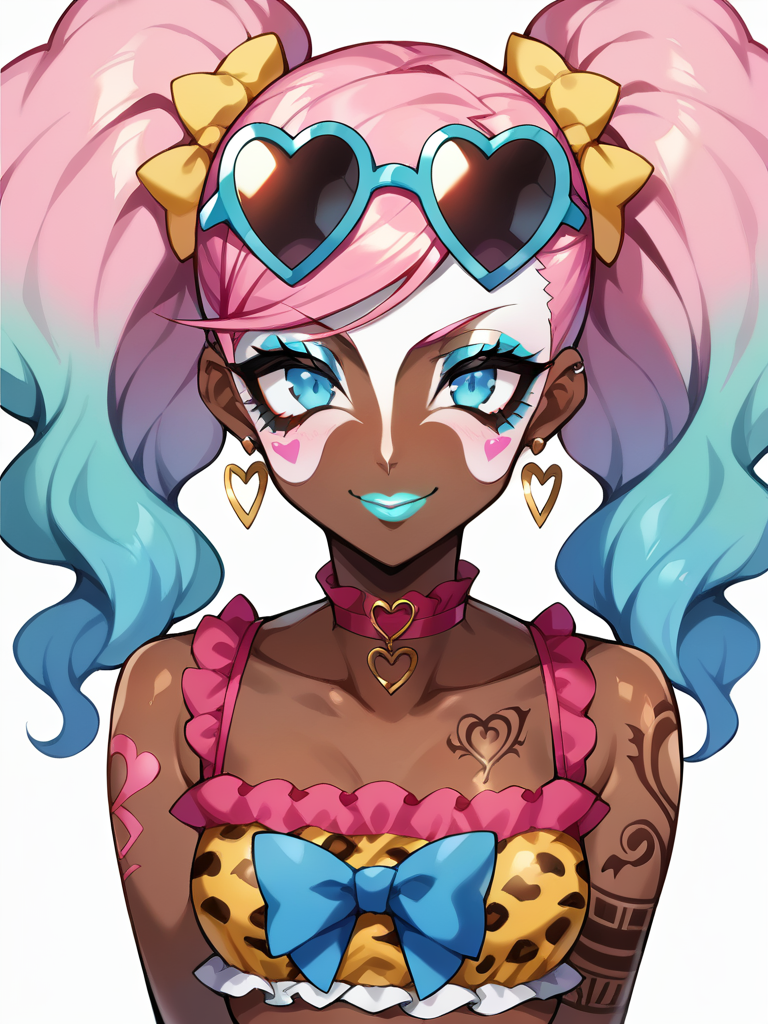 Score_9, score_8_up, score_7_up, score_6_up,  gyaru, source_anime, 1girl, solo, half-closed eyes, white background, abstract rectangular background, upper body, looking at viewer, BREAK,, Ann Takamaki, Persona, (big voluminous hair), (bow, gradient hair, hair ornament, voluminous wavy hair, makeup, multicolored pink hair, ribbon, beehive hairstyle, twintails, afro:1.3), hoop earrings, BREAK, cyan lips, smirk, very dark skin, dark-skinned female. (yamanba, white facepaint makeup:1.3), eyeshadow, (colorful ornament, frilled crop top:1.3),  midriff, choker, hair ornament, <lora:ManbaXL3.2:1> (tattoos, piercings, heart sunglasses on head),  (arms behind back, jewelry) BREAK, (leopard print, oiled shiny skin, big colorful tattoos),