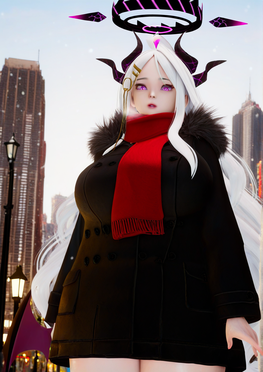 <lora:YeYeBirdie_r1:1>,1girl, hina (blue archive), huge breasts, 3d, ahoge, alternate costume, black coat, blurry, breath, building, coat, demon girl, demon horns, demon wings, depth of field, forehead, fur-trimmed coat, fur trim, hair ornament, hairclip, horns, lamppost, long hair, long sleeves, looking at viewer, outdoors, parted bangs, parted lips, purple eyes, red scarf, scarf, sidelocks, skyline, skyscraper, snowing, solo, visible air, wavy hair, white hair, wind, wings, winter clothes, winter coat, 
very awa, masterpiece, best quality, newest, highres, absurdes,amazing quality