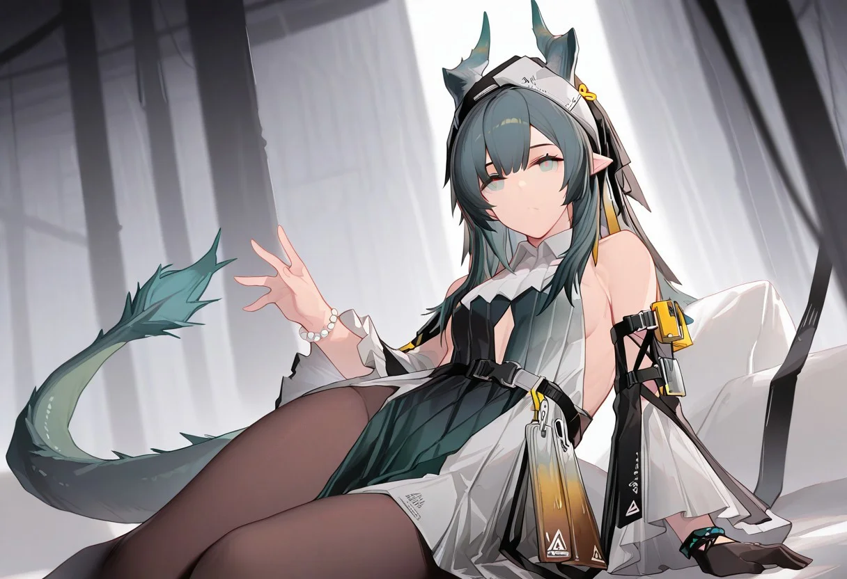 solo, 1girl, xaihi, bare_shoulders, sideboob, small_breasts, multicolored_dress, black_dress, green_dress, white_dress, belt_pouch, frilled_sleeves, frills, long_sleeves, wide_sleeves, single_glove, black_gloves, pearl_bracelet, bracelet, dragon_tail, green_tail, pantyhose,, 
masterpiece,