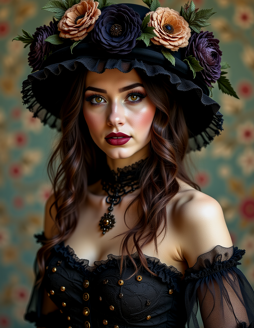 Masterpiece, woman in gothic dress, flower hat, <lora:flower-power-000004:1.0>