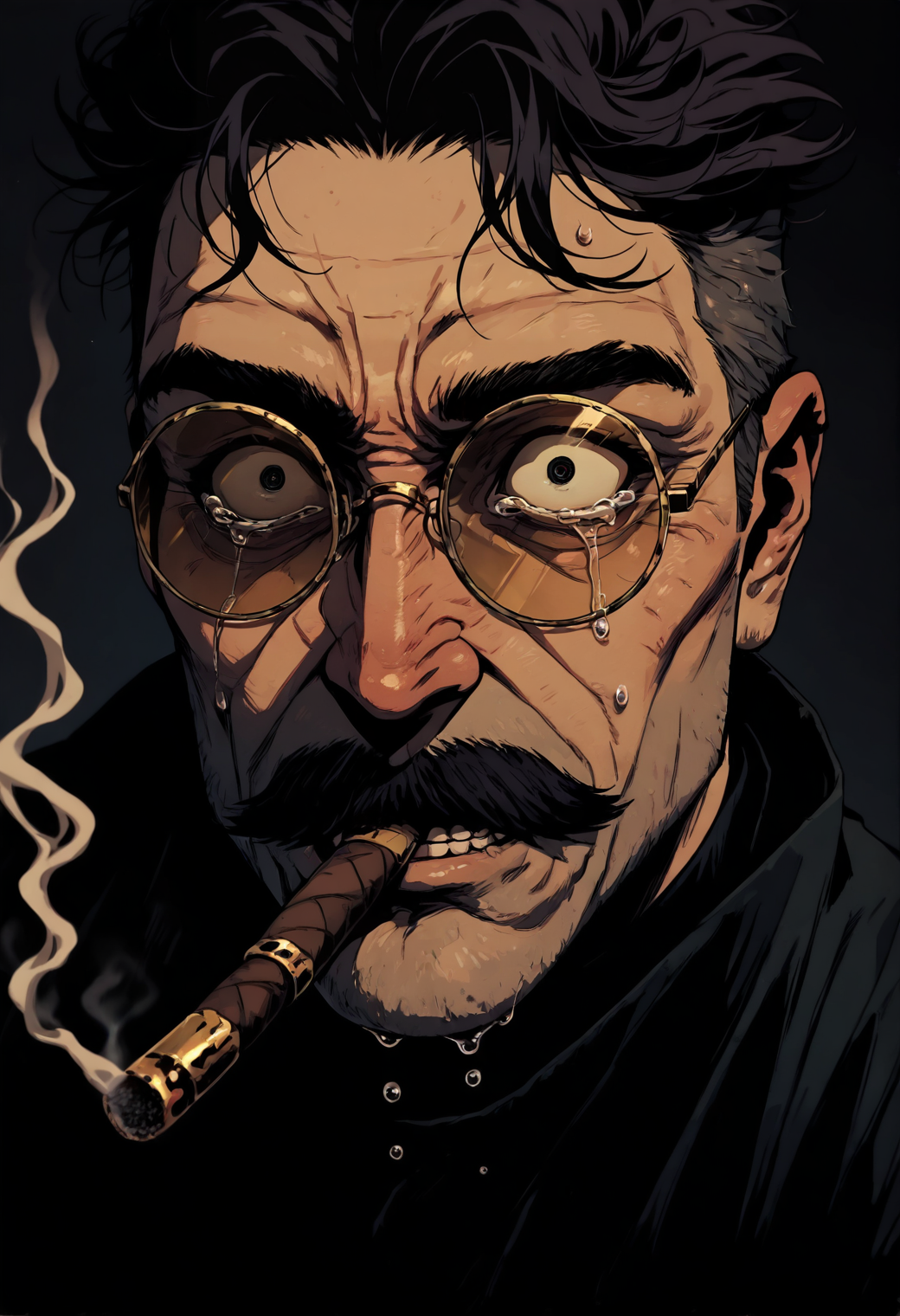 1male, masculin, mature ,mustache, dark hair, italian, smoking cigar, gold-trimmed shades, boxercut, face focus, close up, shady,
loss, dispair, shocked, Terror, Tears,
GOTAV1.0,  <lora:Gothic-Anime-V1.0_IL:1>, 
dark background, smokey,, masterpiece, best_quality, amazing_quality, very_aesthetic, 8k, high_quality, highres, absurdres, subject_focus,, detailed eyes, perfect eyes, realistic eyes,
