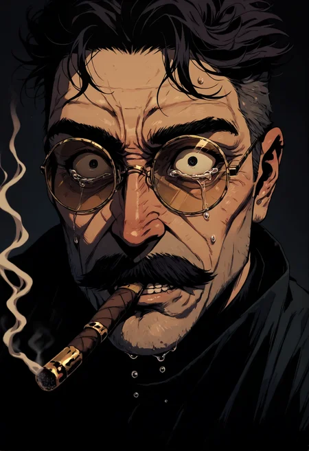1male, masculin, mature ,mustache, dark hair, italian, smoking cigar, gold-trimmed shades, boxercut, face focus, close up, shady,
loss, dispair, shocked, Terror, Tears,
GOTAV1.0,  <lora:Gothic-Anime-V1.0_IL:1>, 
dark background, smokey,, masterpiece, best_quality, amazing_quality, very_aesthetic, 8k, high_quality, highres, absurdres, subject_focus,, detailed eyes, perfect eyes, realistic eyes,