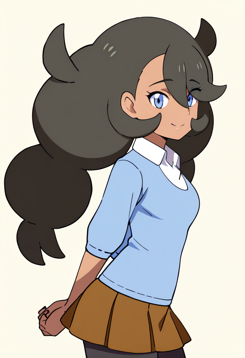 masterpiece, best quality, 1girl, solo, looking at viewer, smile,    zzEmma, blue eyes, long hair, black hair, dark skin, twintails, hair between eyes, hair over one eye,  white shirt, collared shirt, blue sweater, brown skirt, pleated skirt, black pantyhose,   <lora:EmmaPokemon_IXL_v1:1.0>, , smile, looking at viewer, side view, upper body,  <lora:DiivesIXL:1.0>,