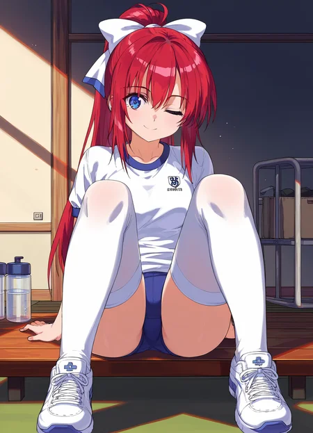 score_9, score_8_up, score_7_up, masterpiece, best quality, absurdres, official art, official style, anime screencap, megami magazine, zPDXL2, zPDXLxxx, <lora:Shiratori Mikoto (In'youchuu Chiroku ver) Pony v1_epoch_10:0.7>, 1girl, solo focus, shiratori_mikoto, large breasts, BREAK, (blue eyes:1.1), BREAK, red hair, long hair, ponytail, sidelocks, bangs, BREAK, hair ribbon, white ribbon with blueline, BREAK, gym uniform, (buruma:1.3), BREAK, (white thighhighs:1.2), BREAK, sneakers, BREAK <lora:neg4all_bdsqlsz_xl_V91:1.0> <lora:ALTXL_pony_0061_8:2.0>, <lora:detailed_hands-000002:1>, hand indoors, gym storeroom, sitting, dim lighting, light particles, one eye closed, smile, looking at viewer, A girl in a gym uniform sitting on the dusty, dimly lit floor of an untidy storage room. The room is located in the basement of a gymnasium, with exposed concrete walls and scattered equipment. The atmosphere is eerie and neglected, with only a faint light filtering through. The girl looks contemplative as she sits amidst the disarray.