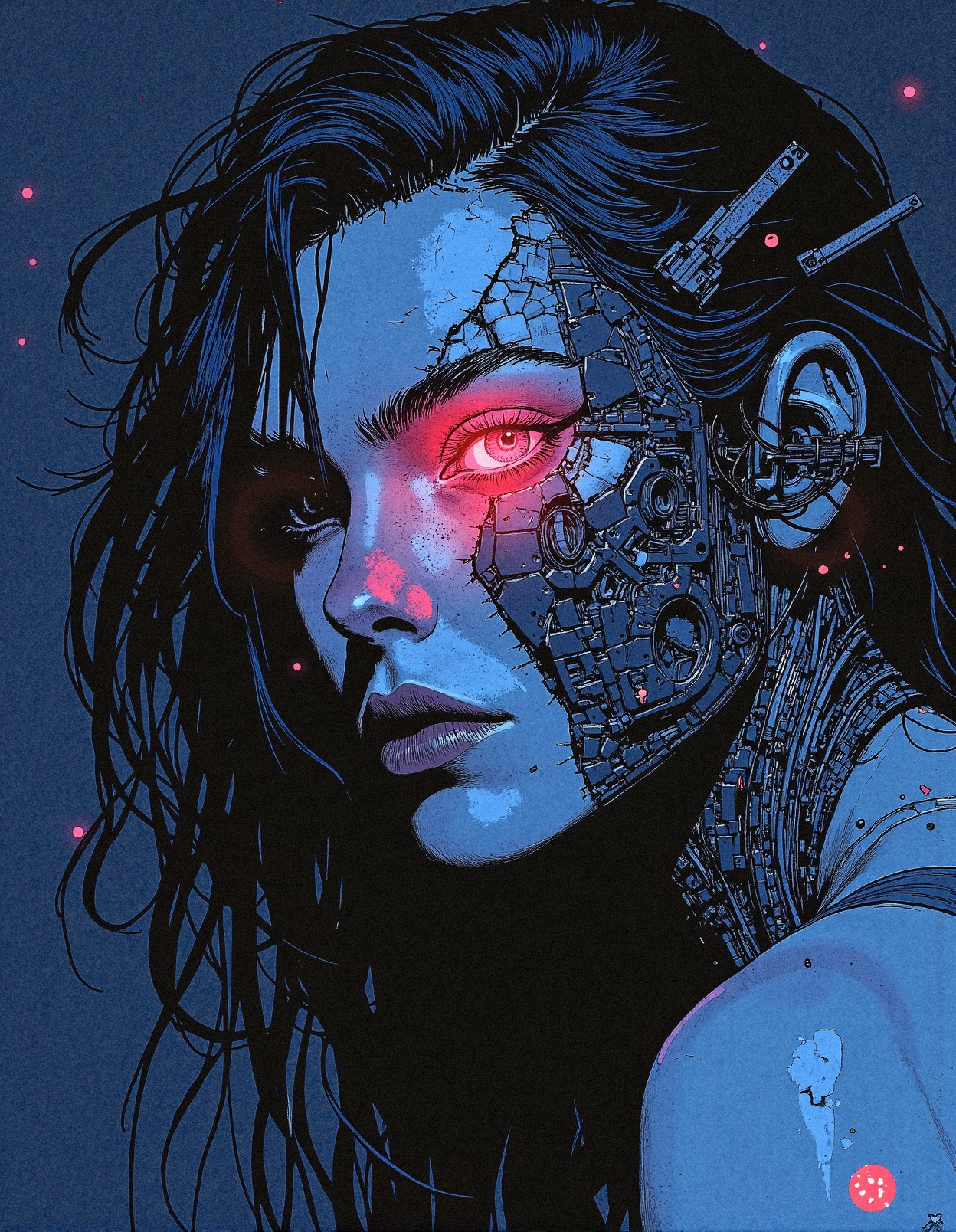 Comic book illustration,
A hauntingly cybernetic portrait of a mysterious AI revenant, her face partially consumed by fractured blackened metal plating, revealing intricate layers of exposed circuitry and biomechanical tendrils pulsing with eerie red energy. Her remaining organic features are illuminated in a haunting cobalt-blue glow, her lips slightly parted, as if trapped between artificial intelligence and lost humanity. A sinister crimson optic implant replaces her left eye, flickering erratically like a corrupted data stream, sending fragmented electrical pulses through the deep cracks in her synthetic skin. Her long, tangled black strands of hair weave through decayed wires and broken fiber-optic strands, merging seamlessly with the darkness of the background, where drifting neon particles float like digital dust in an abyssal void. The surreal contrast between the deep blue lighting and the jagged red biomechanical enhancements creates an intense, cyberpunk-inspired dystopian horror aesthetic, evoking the last remnants of a forgotten consciousness buried beneath layers of deteriorating cybernetic augmentation. The entire composition is rendered in hyper-realistic, painterly detail, with every scarred metallic fragment, broken wire, and faint holographic distortion immersing the viewer in a post-human nightmare of digital decay and mechanical rebirth.
 <lora:FluxDFaeTasticDetails:0.3> <lora:Comic_Style_-_FLUX:0.8>
