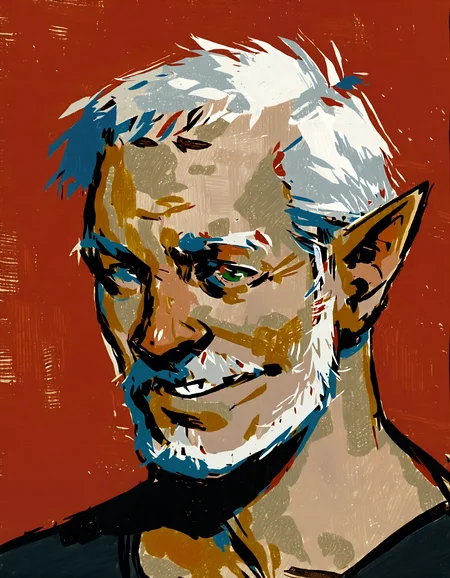 absurdres, hires, score_9, score_8_up, score_7_up, score_6_up, score_5_up, score_4_up, rating_safe, rating_questionable, painting_\(medium\), painterly, faux traditional media, portrait, 1boy, bara, solo, male focus, mature male, old man, monster boy, elf, pointy ears, facial hair, beard, short hair, white hair, green eyes, black t-shirt, smile, teeth, red background