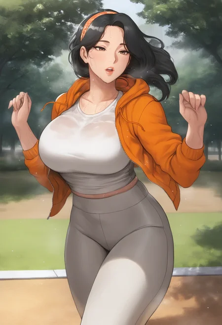 masterpiece, best quality, very aesthetic, 1girl, solo, mature female, <lora:soffa_n11:1> black hair, orange hoodie, w arms, white pants, yoga pants, headband, running, sweaty, park, outdoors, white t-shirt