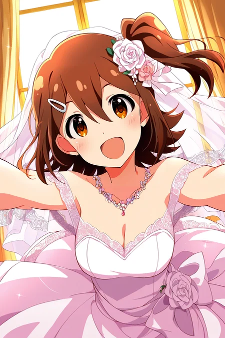 masterpiece,best quality,very aesthetic,absurdres,highres,newest,official art,official style,
1girl,solo,
kasuga mirai,brown eyes,brown hair,hairclip,hair ornament,hair between eyes,one side up,side ponytail,medium hair,
wedding dress,pink dress,
<lora:eye_focus_illus:1>,eye_focus,
<lora:idolmaster_kasuga_mirai_ill_v1.0:1>,