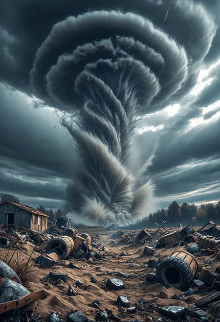 SmoothNoob_Quality, tornado, dark clouds, farm field, destruction, floating debris, dust cloud, dust, <lora:Smooth_Booster:0.5>āāā