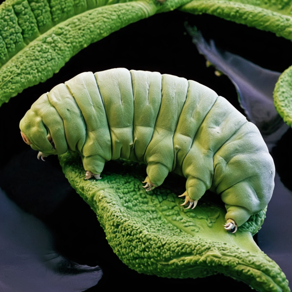 A colorful tardigrade sitting on a beautiful green leaf, nature scene, photograph,  <lora:Tardi:.7>