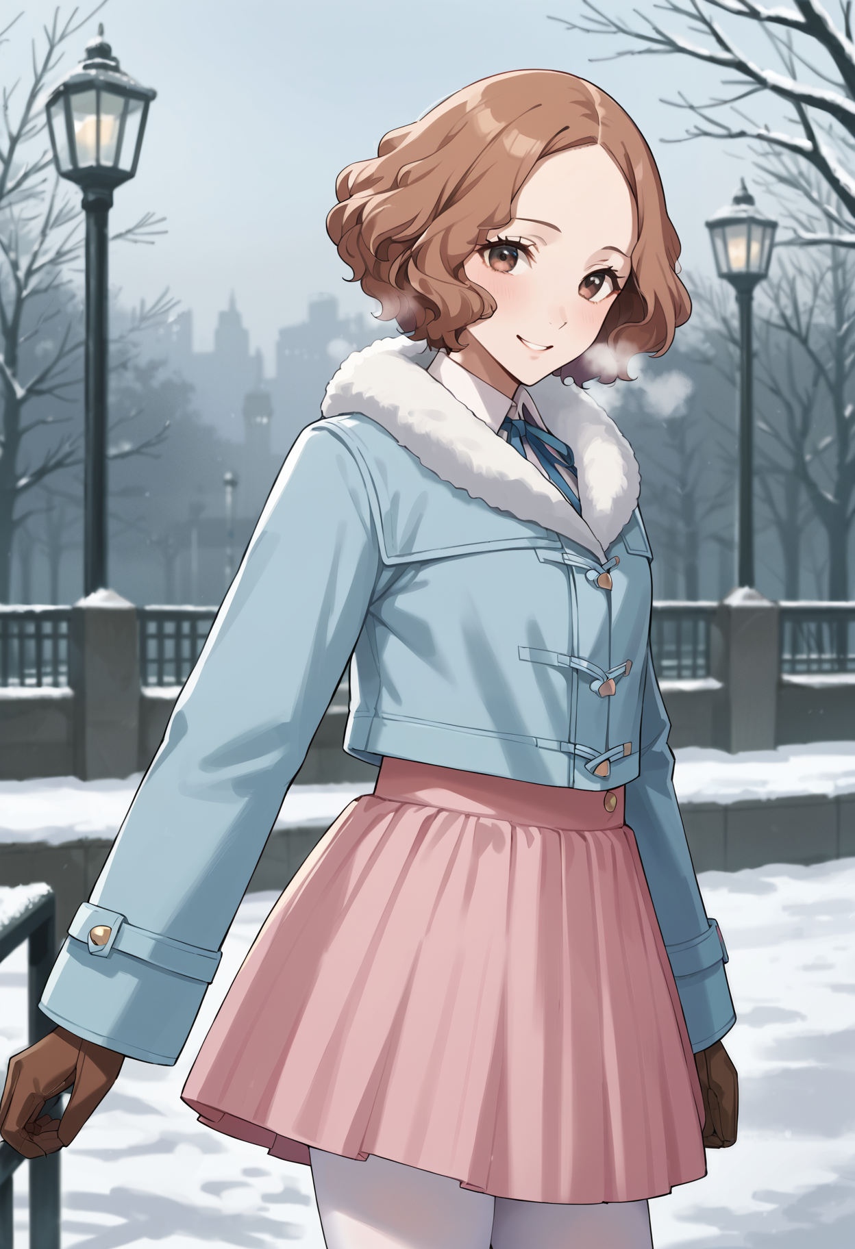 score_9, score_8_up, source_anime
1 girl, solo, cute face,
p5haru, brown hair, short hair, wavy hair,
p5haru-wintercas, fur trim, fur-trimmed jacket, duffle coat, blue neck ribbon, pink skirt, white pantyhose, pink skirt,
outside, park, cold, foggy breath, looking at viewer, smiling, cowboy shot, from side,
masterpiece, best quality, ultra detailed,