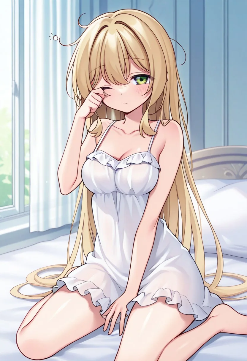 1girl, solo, chanyuusha, blonde hair, very long hair, hair down, medium breasts, green eyes, <lora:chemise-illustriousxl-lora-nochekaiser:1>, chemise, bare shoulders, collarbone, one eye closed, rubbing own eye, sitting, bed, wariza, indoors, day, looking at viewer, sleepy,