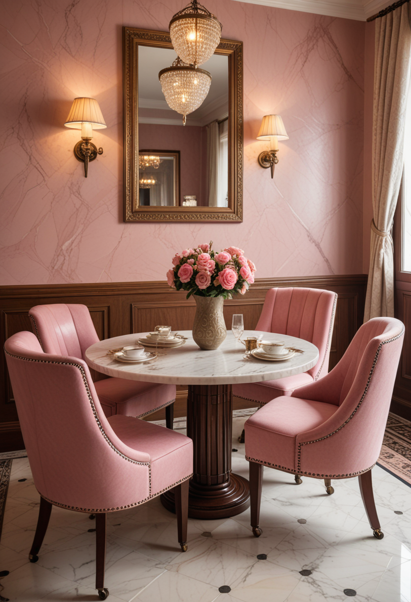(medium full shot) of (cozy Dining chairs) made of marble material, pink color, art deco style, foldable, caster wheels, nailhead trim, engraved patterns, located in  a vintage entryway, with antique furniture, classic decor, rich textures, warm lighting, Masterpiece,best quality, photo, realistic, very aesthetic,
