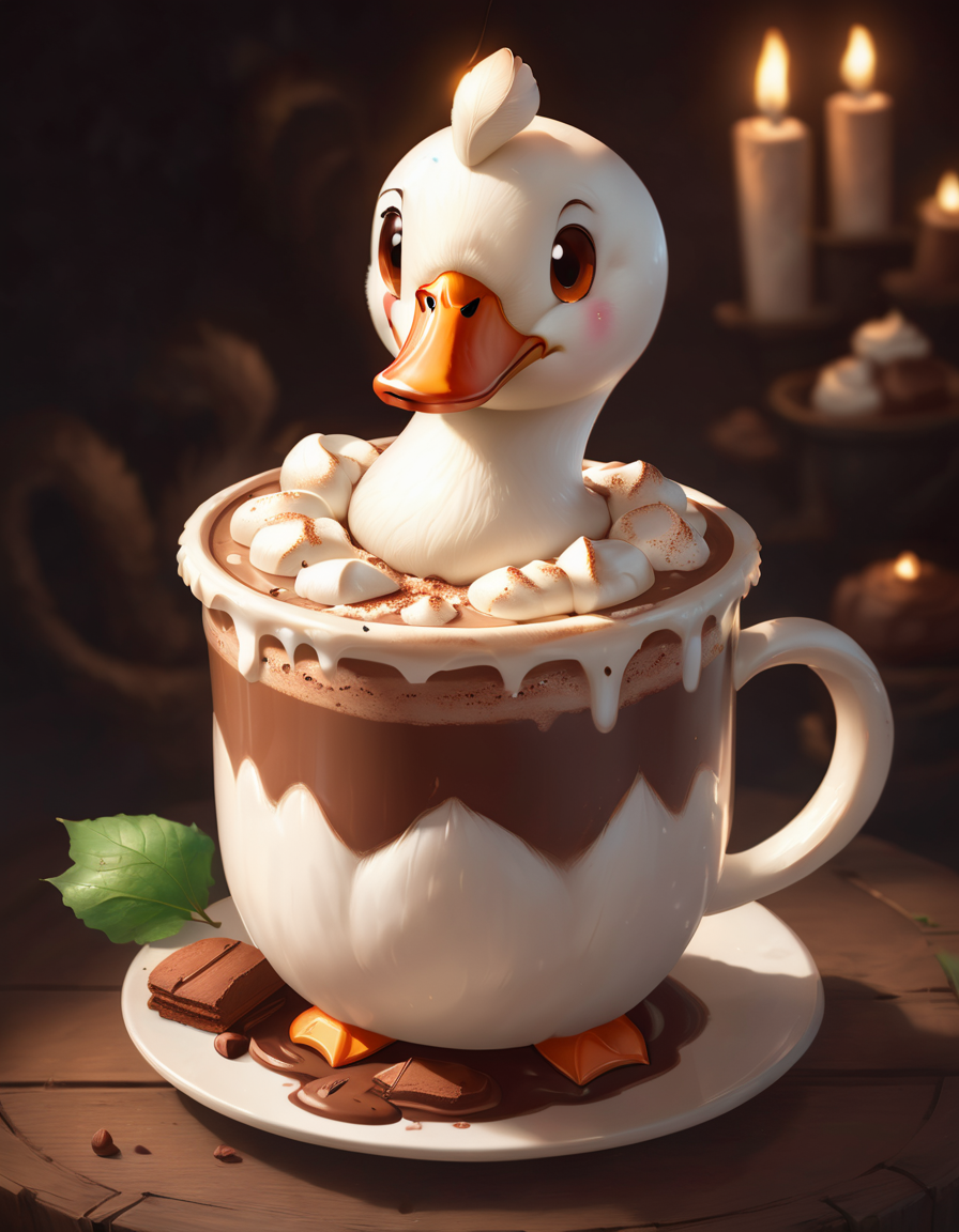 very cute appealing anthropomorphic hot chocolate swan, looking at the viewer, macro, cinematic lighting, fantasy art, dynamic composition, epic realistic, award winning illustration  <lora:FoodPets:1> Foodpets