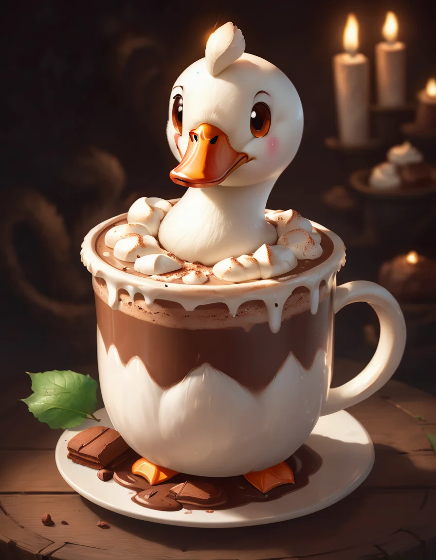 very cute appealing anthropomorphic hot chocolate swan, looking at the viewer, macro, cinematic lighting, fantasy art, dynamic composition, epic realistic, award winning illustration <lora:FoodPets:1> Foodpets