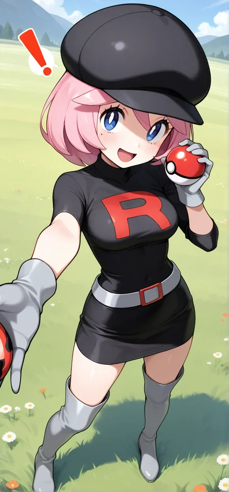 2d, masterpiece, best quality, amazing quality, 1girl, solo, close-up, standing, open mouth, smile, exclamation mark, stretched arm, full body,holding pokeball, looking at viewer, meadow, day, bwyancy, yancy \(pokemon\), blue eyes, white pupils, pink hair, short hair, team rocket grunt \(cosplay\), mole under eye, black hedwear, black shirt, black skirt, thigh boots, grey footwear, grey gloves, belt