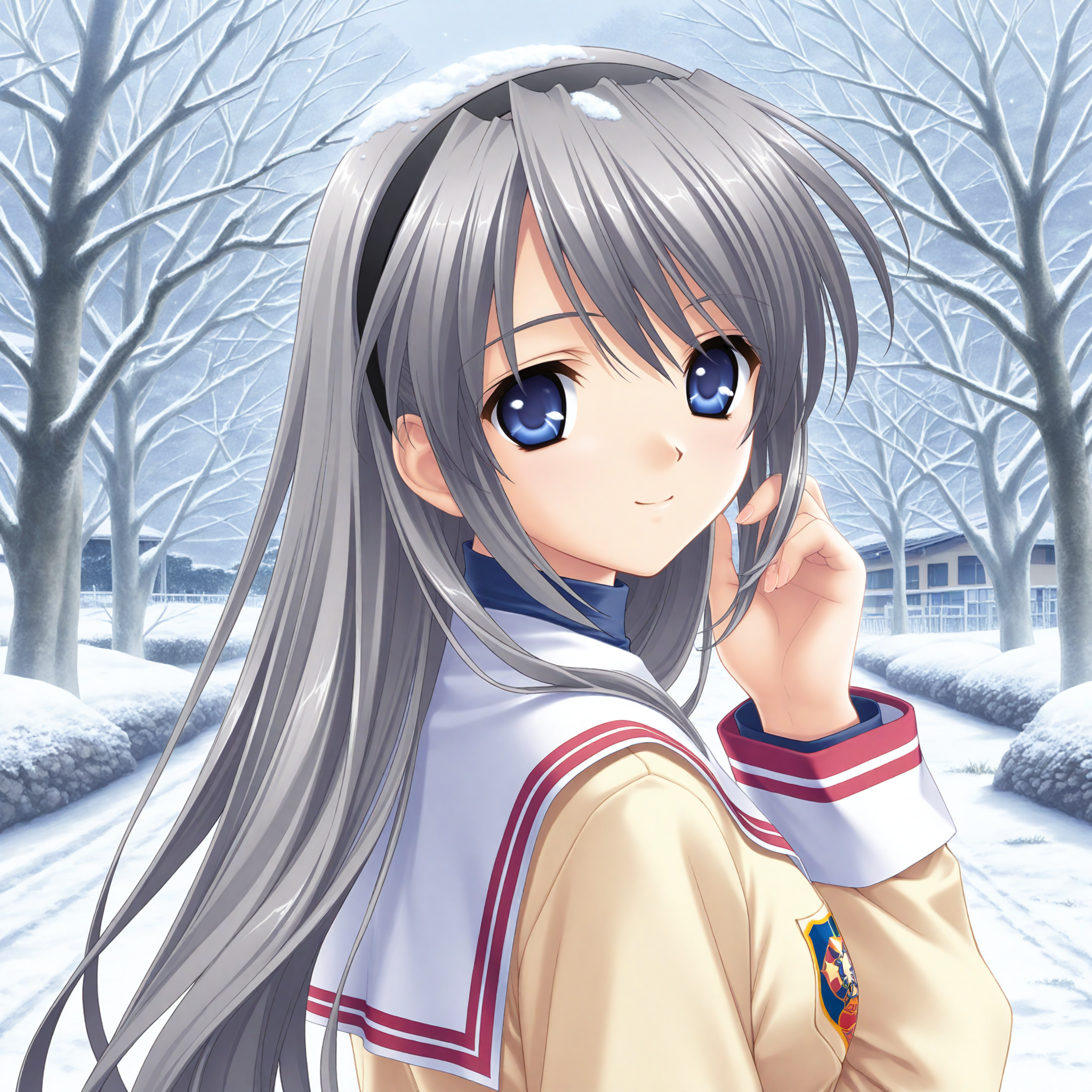 <lora:Sakagami_Tomoyo_1_nai-000028:1>,official art,Sakagami Tomoyo,hairband,
school uniform,hikarizaka private high school uniform,emblem,long sleeves,
1girl,solo,upper body,looking at viewer,looking back,hand in own hair,smile,winter,snow,