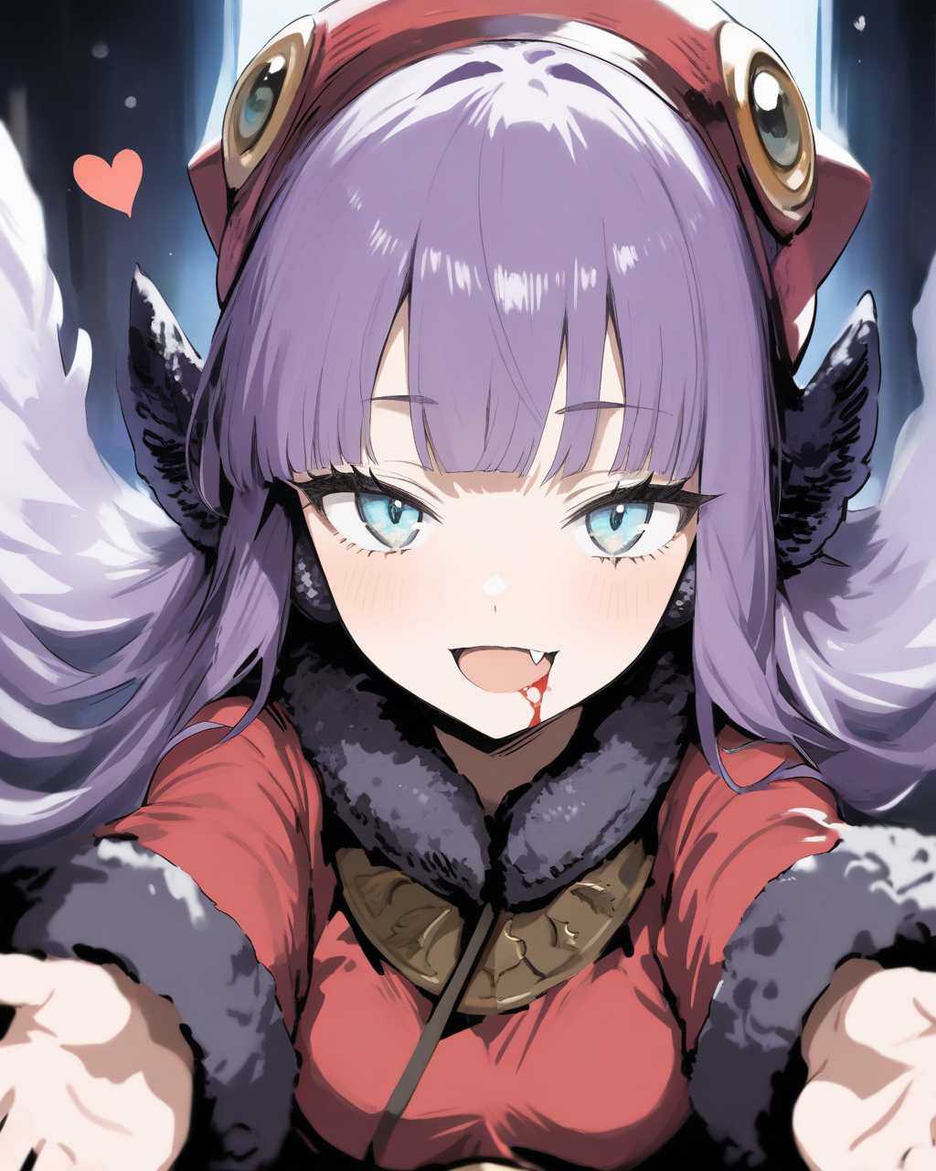 1girl,
MuuShuwuuShinMegamiTensei,
safe, solo, straight-on, close-up, upper body, 
long hair, hair wings, purple hair, multicolored hair, white hair,
hat, fur trim, earmuffs,
blunt bangs,
beautiful eyes,
open mouth, blood in mouth, heart, fang, 
hug, spread arms, reaching out, long sleeves,
coat, small breasts,
depth of field,
<lora:kp_MuuShuwuuShinMegamiTenseiAnimagineXL_v1_0:1.0>,
masterpiece, high score, great score, absurdres