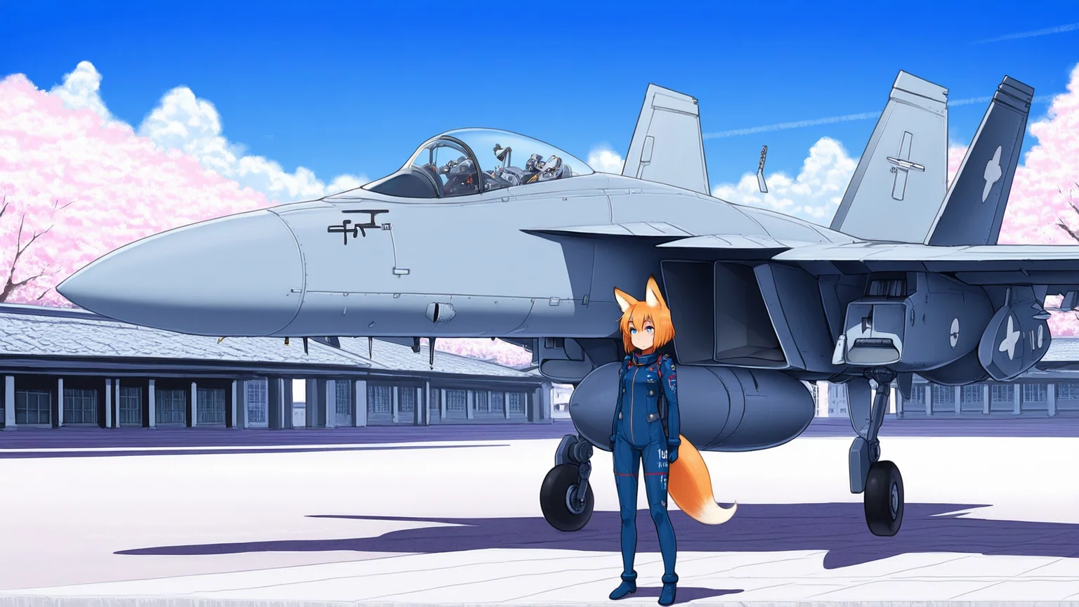 <lora:FA-18_Illustrious:1.0>,(f/a-18, (1girl, mecha musume:1.3), fox ears, fox tail, military academy courtyard, pilot suit, aircraft girl standing at attention beside her plane, cherry blossoms drifting, sunny day, blue sky, cloud, depth of field, university architecture, cute yet disciplined vibe, masterpiece, best quality, amazing quality