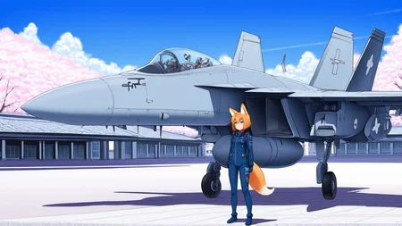 <lora:FA-18_Illustrious:1.0>,(f/a-18, (1girl, mecha musume:1.3), fox ears, fox tail, military academy courtyard, pilot suit, aircraft girl standing at attention beside her plane, cherry blossoms drifting, sunny day, blue sky, cloud, depth of field, university architecture, cute yet disciplined vibe, masterpiece, best quality, amazing quality
