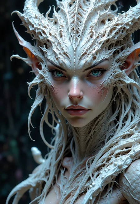 An ultrarealistic masterpiece from a fantasy movie. A dragon humanoid female with a human face. She has white scales and her hair is made out of a chitenous material.
