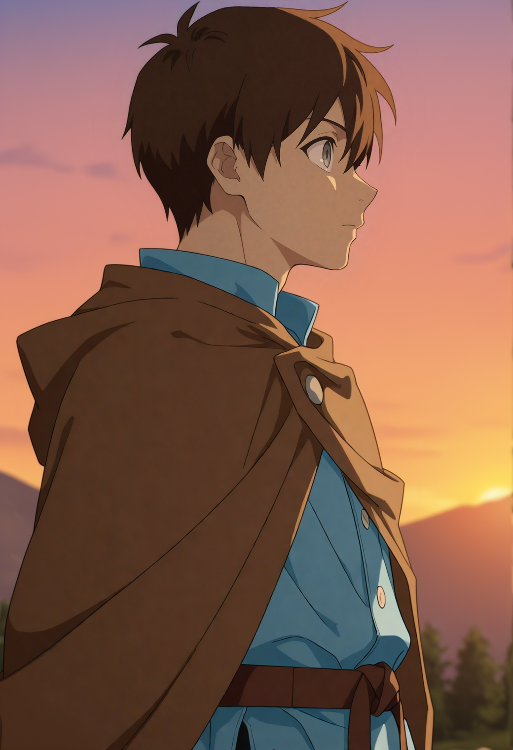 masterpiece,best quality,anime screencap,
1boy,solo,
<lora:noor_NAI_EPS_1_1_CAME_v2_adjusted_repeats:1>,
y0un6_n00r,brown hair,short hair,grey eyes,
blue shirt,buttons,martial arts belt,brown belt,
from side, brown cloak, looking afar, sunset,
blurry background,outdoors,scenery