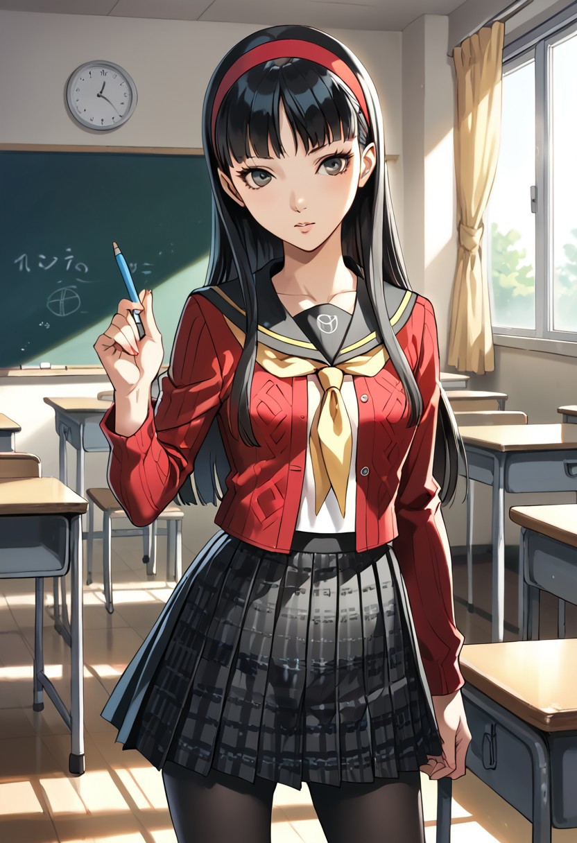 score_9, score_8_up, score_7_up, (source_anime), 1 girl, solo,
Amagi Yukiko, long hair, pleated skirt, black hair, bangs, red cardigan, school uniform, hairband, serafuku, yellow neckerchief, black pantyhose, yasogami school uniform
indoors, classroom, masterpiece, best quality, ultra detailed, absurdres, very aesthetic