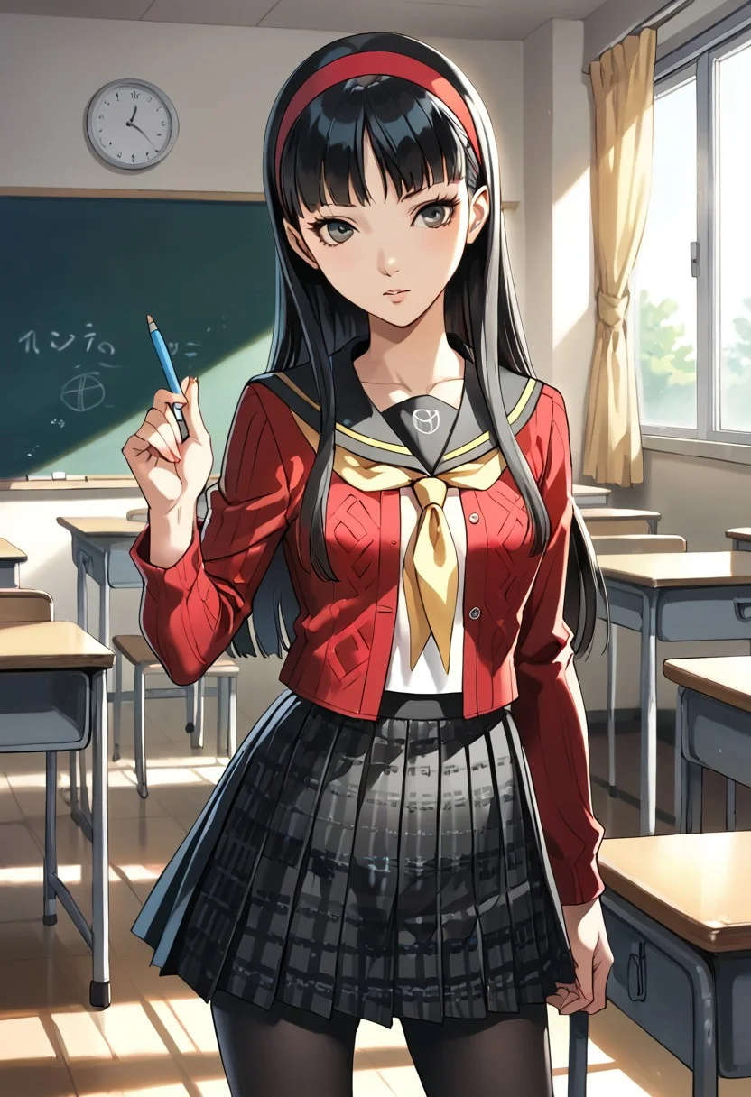 score_9, score_8_up, score_7_up, (source_anime), 1 girl, solo,
Amagi Yukiko, long hair, pleated skirt, black hair, bangs, red cardigan, school uniform, hairband, serafuku, yellow neckerchief, black pantyhose, yasogami school uniform
indoors, classroom, masterpiece, best quality, ultra detailed, absurdres, very aesthetic