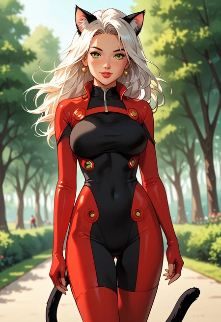 score_9, score_8_up, score_7_up, woman catgirl, cat ears, black cat ears, fuzzy cat tail, black tail, black long tail, 8k, masterpiece, high quality, highly detailed, professional, shallow depth of field, long hair, green and brown eyes (perfect eyes), perfect face, black hair, wide midriff, wearing red pilot bodysuit with white stripes, pilot suit, red pilot suit (white stripes), cowboy shot, dutch angle, best quality, best illumination, best shadow, an extremely delicate and beautiful, finely detail, depth of field, classic, highres, perfect lighting, colorful, large breasts, natural breasts (large), big ass, 23 years old woman, big booty, big ass, german, natural beauty, alluring, clean skin, white skin PG, outdoors, nature park, ninas twin sister, sharp, standing, dynamic front poses, in loving, loving, romantic, cheery, cheerful, modest, tail on but